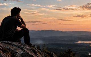 Man sitting on a rock at sunset overlooking mountains and a lake, reflecting on mental health in 2026