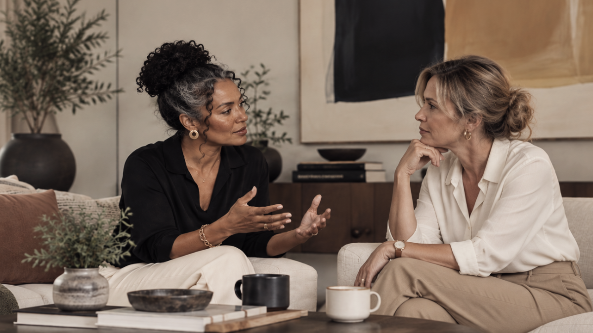 Two women talking on a sofa over coffee in a calm living room, having an open conversation about menopause